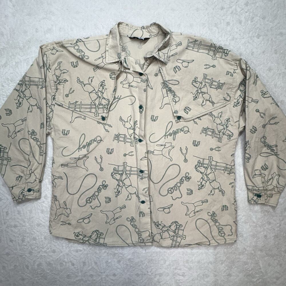 Vintage Roper Button Up Shirt w All Over Print Of Horses Cowboy Script Youth L